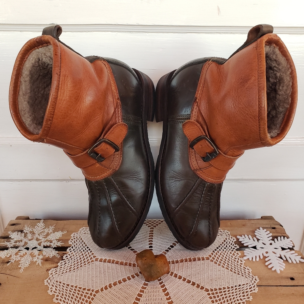 Olive Green Frye Shearling Fur Veronica Leather Duck Bootie Moto Engineer Boho🌿 - Picture 8 of 10